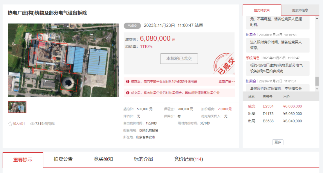 熱電廠拆除權拍賣引熱潮，溢價率1116%